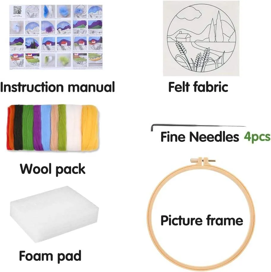 DIY Wool Needle Felt Painting Embroidery Kit Farm Pattern Canvas Support Base for Beginners