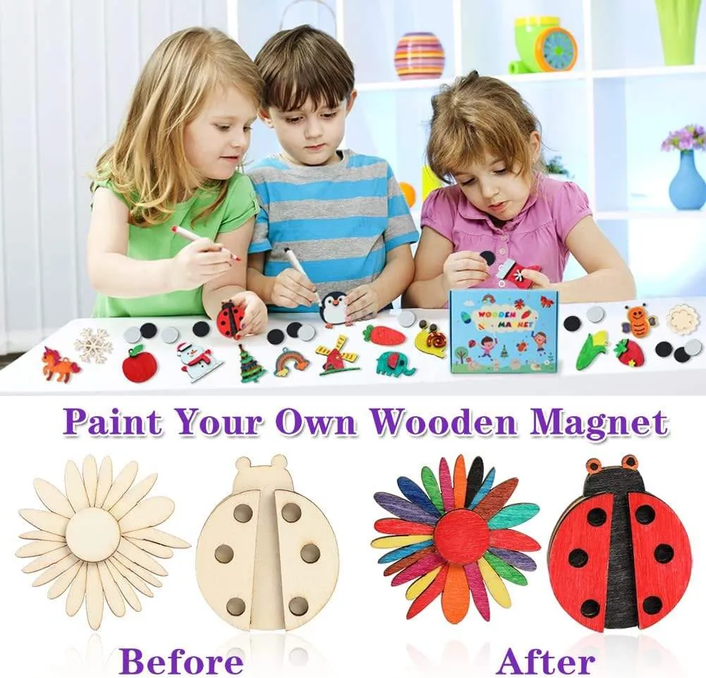 DIY Wooden Magnets, 36 PCS Wooden Art Craft Supplies Painting Kit for Party Favors for Boys