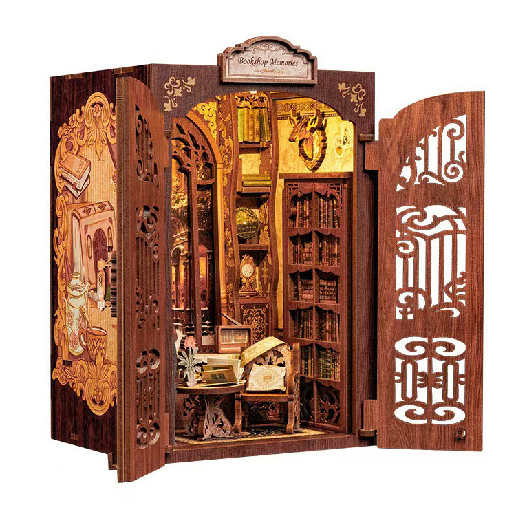 Library Book Nook Kit DIY 3D Wooden Puzzle Bookend LED Light Miniature Doll House Tabletop Graduation Wood Crafts