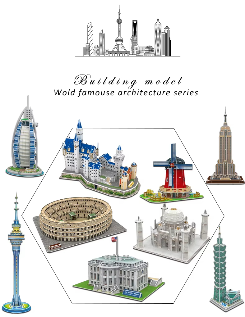 Custom Luxury Wood Handmade World Famous Landmark Finished Desktop Decorative Architectural 3D Puzzle Architecture Model Kit DIY