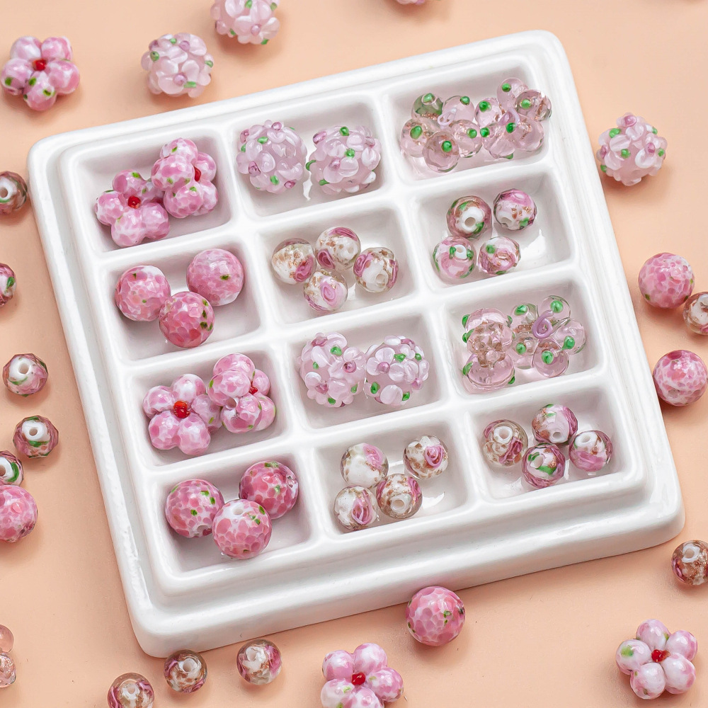 Pink Flower Glass Beads DIY Jewelry Making Kit Hydrangea Rose Beads for Bracelets Pendant Charms Handmade Craft Accessories