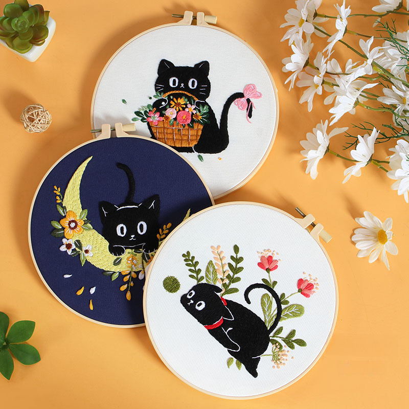 Cute Moonlit Black Cat Cotton DIY Embroidery Set Handmade Cross Stitch Kit for Beginners Home Decor Gift English Instruction