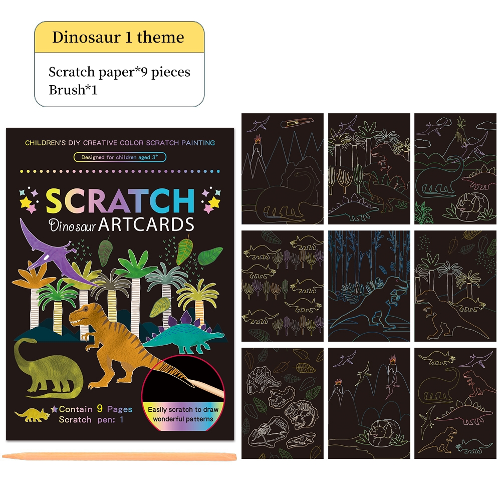 Wholesale Kids Painting DIY Paper Craft 9 Pcs Dinosaur Theme Magic Scratch Paper Art Set Rainbow Magic Scratch Card