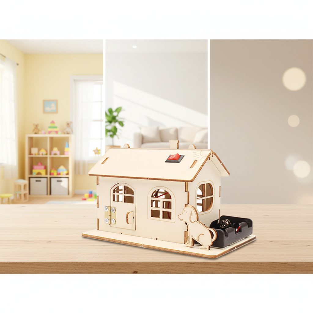 OKYN-G6758 Colorful Light-Up Wooden House DIY STEM Science Experiment Kit Educational Craft Toy for School and Home Learning
