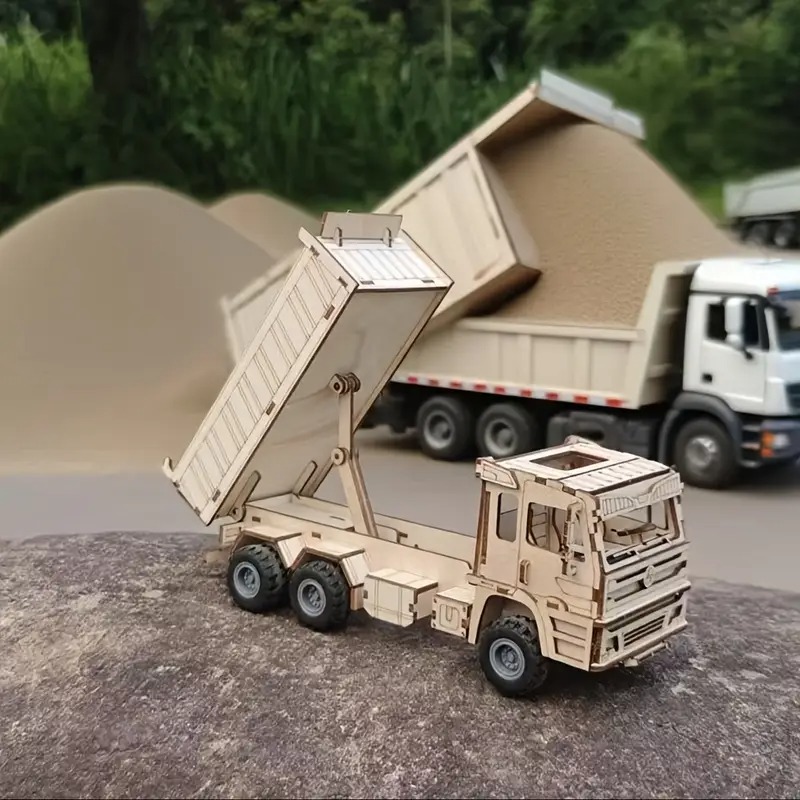 Wooden DIY Educational Heavy Truck 3D Puzzle Model Kit with Movable Parts-Laser-Cut Building Set for Kids