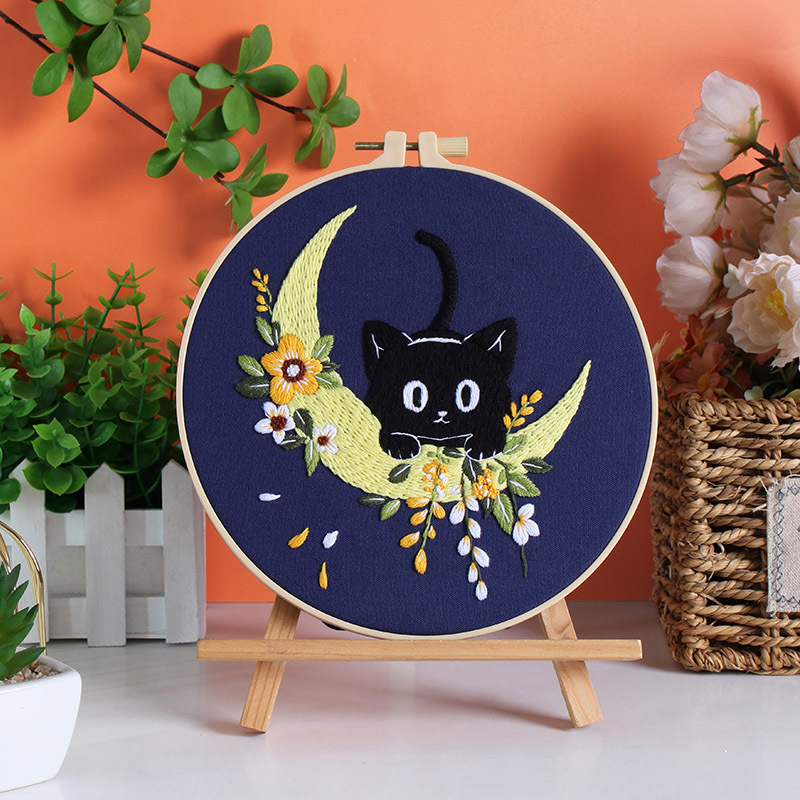 Cute Moonlit Black Cat Cotton DIY Embroidery Set Handmade Cross Stitch Kit for Beginners Home Decor Gift English Instruction