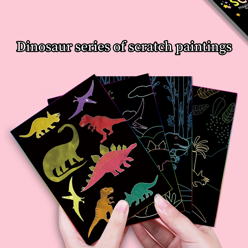 Wholesale Kids Painting DIY Paper Craft 9 Pcs Dinosaur Theme Magic Scratch Paper Art Set Rainbow Magic Scratch Card