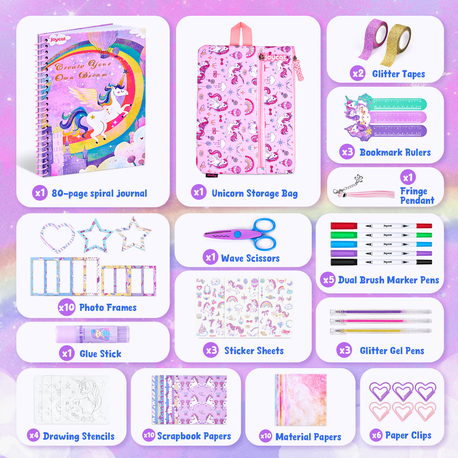 Joycat Toys 2027 New DIY Stationery Set for Kids Pink Cardboard Journal Scrapbook with Gift Box Stickers Art Paper for Children