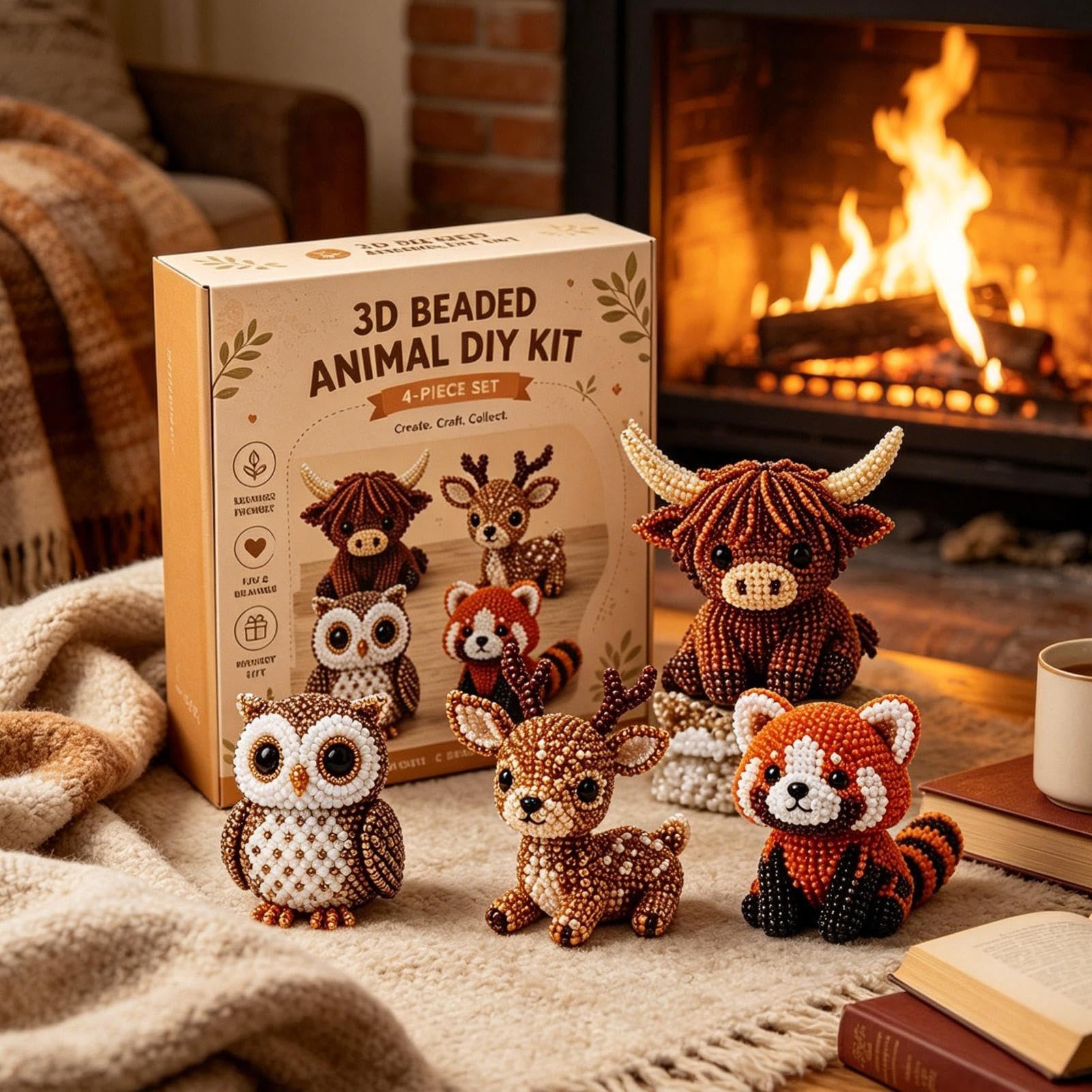Highland Cow DIY Animal Beading Kit 3D Beaded Animal Craft Set Owl Deer Red Panda Handmade Bead Art Toy for Kids Adults Gift