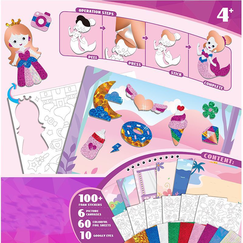 Innovative DIY Princesses Foil Art Stickers Kit Creative Paste Toys for Kids Paint Decorate Cards Easy-to-Use Creative Activity