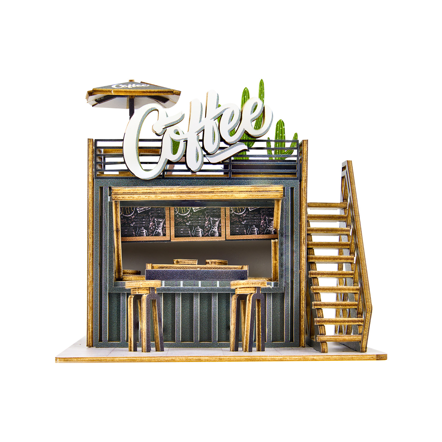 Wincent Factory UV Print Wood Mini Coffee Shop Models DIY Miniature Doll House Building Model Kits Sets
