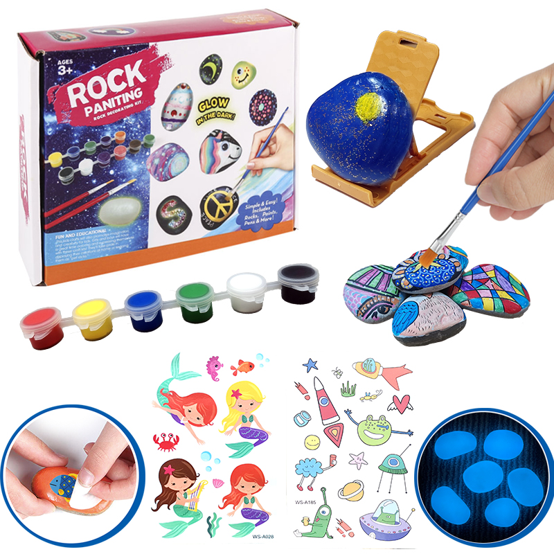 DIY Rock Painting Kit Drawing Toys Set for Kids Natural Glow Stones Acrylic Paints Plastic Display Stand | Unisex Creative Set