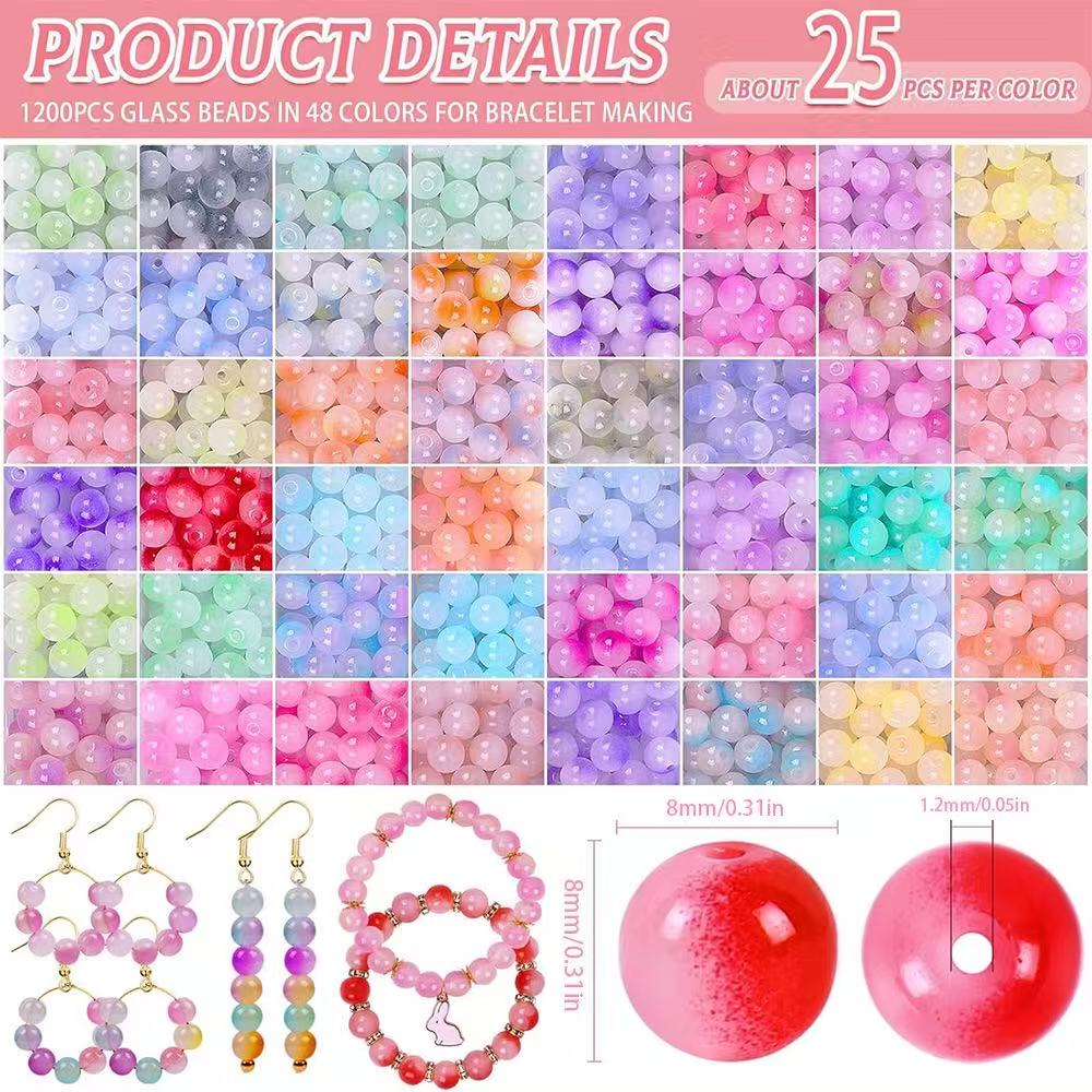 1700 Pieces 8mm 48 Colors Glass Beads Pretty Glitter Glass Beads Kits DIY Bracelets Adults Children's Jewelry Making Toys