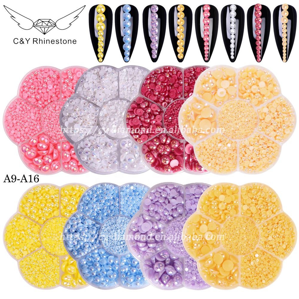 CY Loose Colors ABS Beads Kit DIY Box Nail Decoration Accessories Plain Flat Back Plastic Round Half Pearls