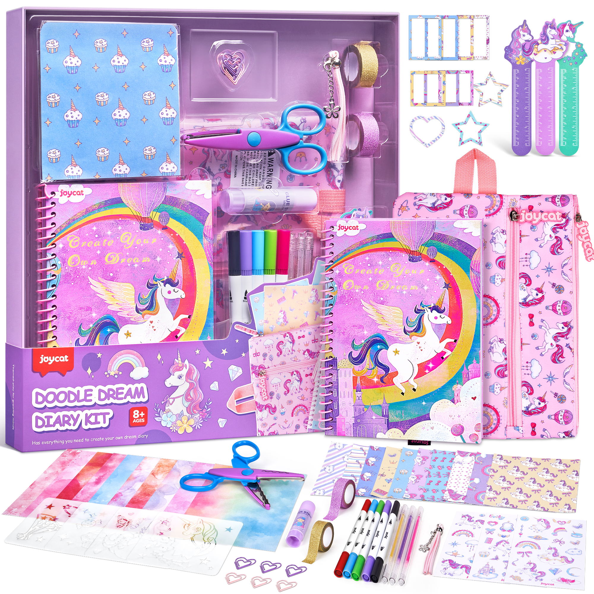 Joycat Toys 2027 New DIY Stationery Set for Kids Pink Cardboard Journal Scrapbook with Gift Box Stickers Art Paper for Children