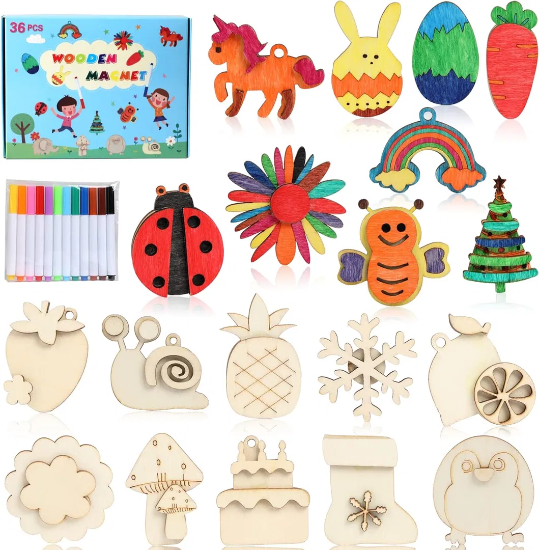 DIY Wooden Magnets, 36 PCS Wooden Art Craft Supplies Painting Kit for Party Favors for Boys