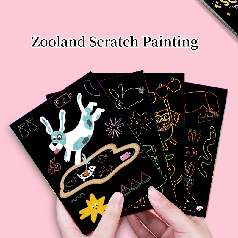 Zolland 9-Piece Black Scratch Art Paper Set Rainbow Magic Kids Craft Kit With Wooden Stylus for Drawing Toys and Education