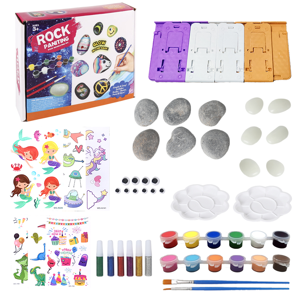 DIY Rock Painting Kit Drawing Toys Set for Kids Natural Glow Stones Acrylic Paints Plastic Display Stand | Unisex Creative Set