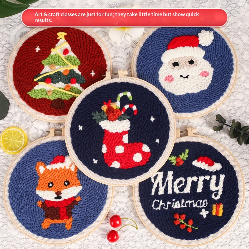 Original Christmas Series Russian Punch Needle Craft Kit for Beginners DIY Punch Needle Embroidery Set Cartoon Design Fabric