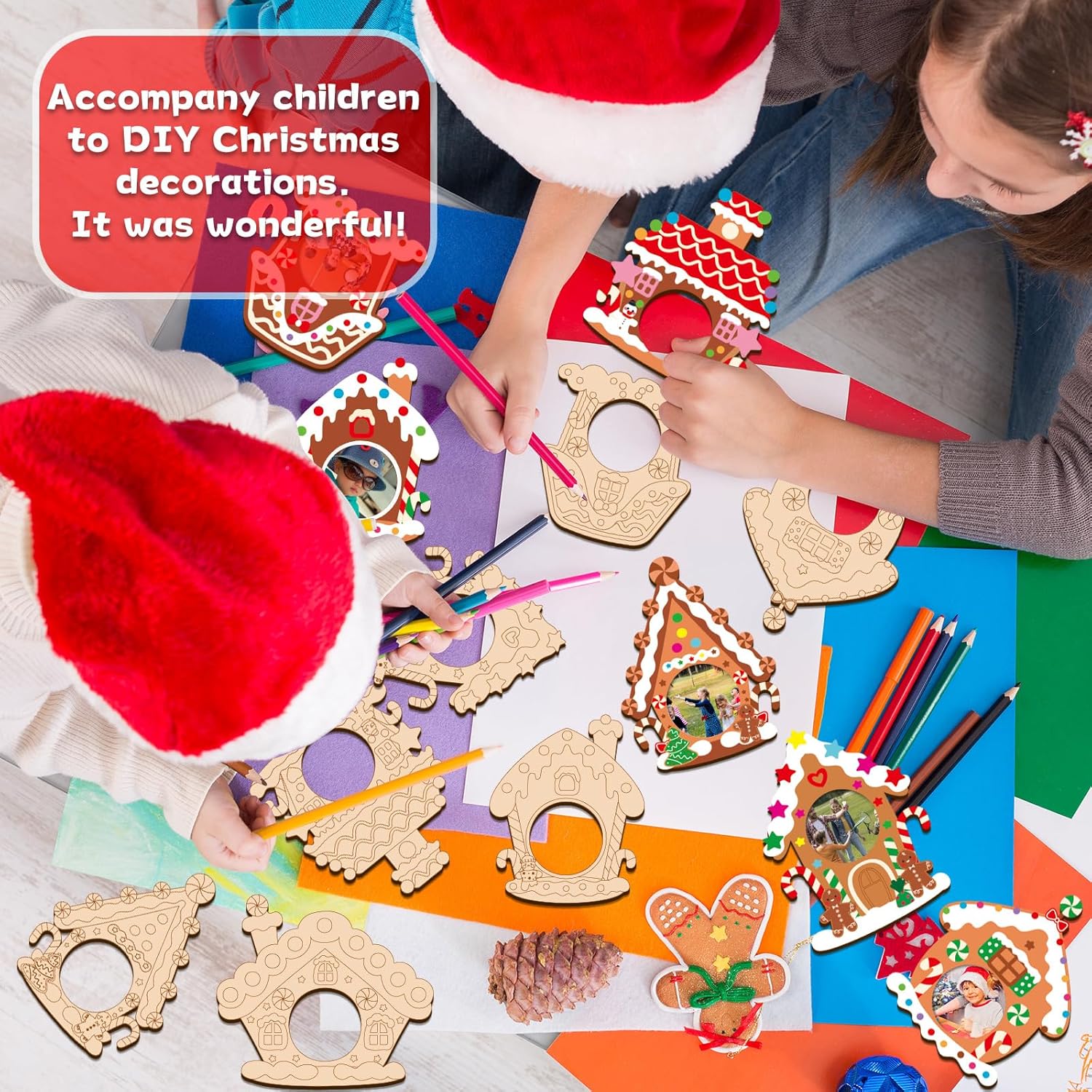 27Pcs Wood Christmas Picture Frame Ornament Bulk Coloring Own Gingerbread House Photo Frame Craft Kits DIY for Christmas Tree