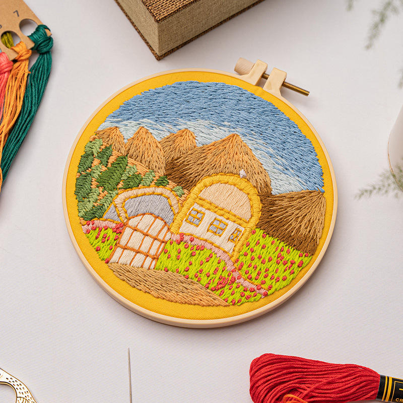 Landscape Scenery Diy Handy Sewing Art Craft Embroidery Kit for Beginners with Pattern Hoops Instructions