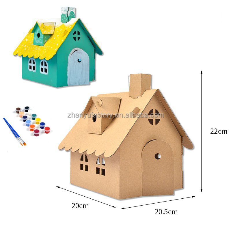 Coloring Craft Kit Assembly 3D Paper Play House Handmade DIY Graffiti Painting Cardboard House for Kids