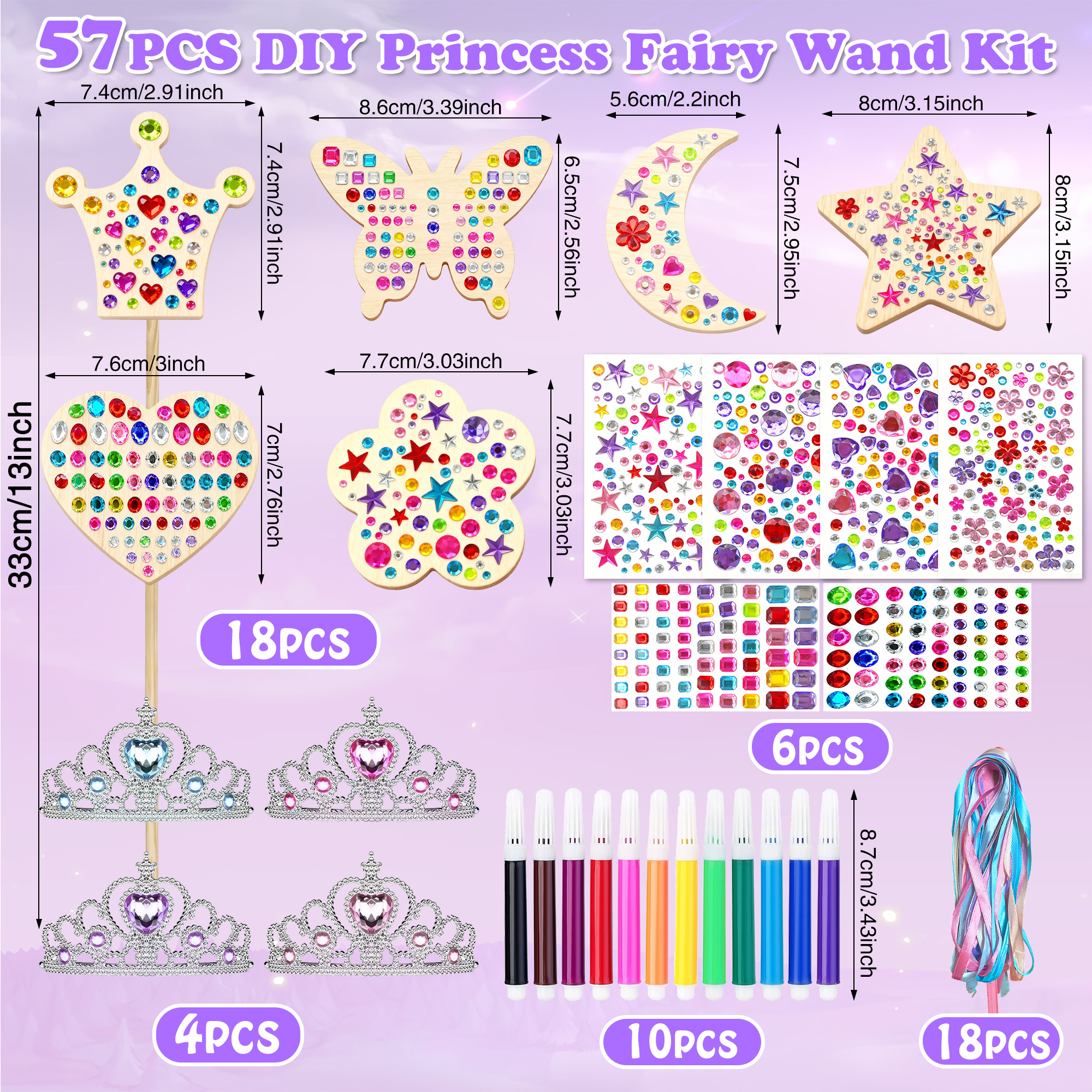 Princess Fairy Wand Kit DIY Craft Kit for Girls Birthday Party Supplies 18PCS Wooden Fairy Wands Gift for Children