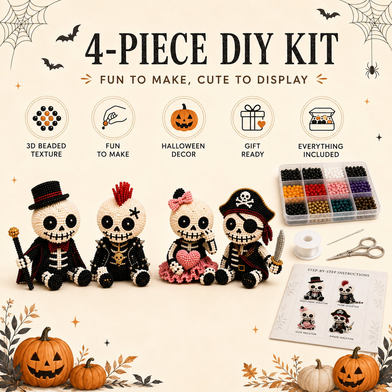 Halloween Bead Art DIY Kit 4-Piece Cute Character Craft Set for Holiday Decoration