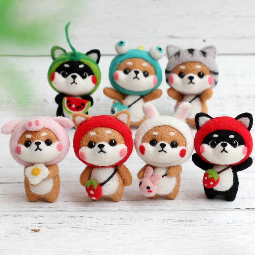 Wool Felt Shiba Inu Folk Art DIY Craft Set Handmade Soft Needlecraft Adorable 3D Felted Animals Holiday Gift Customizable Toys