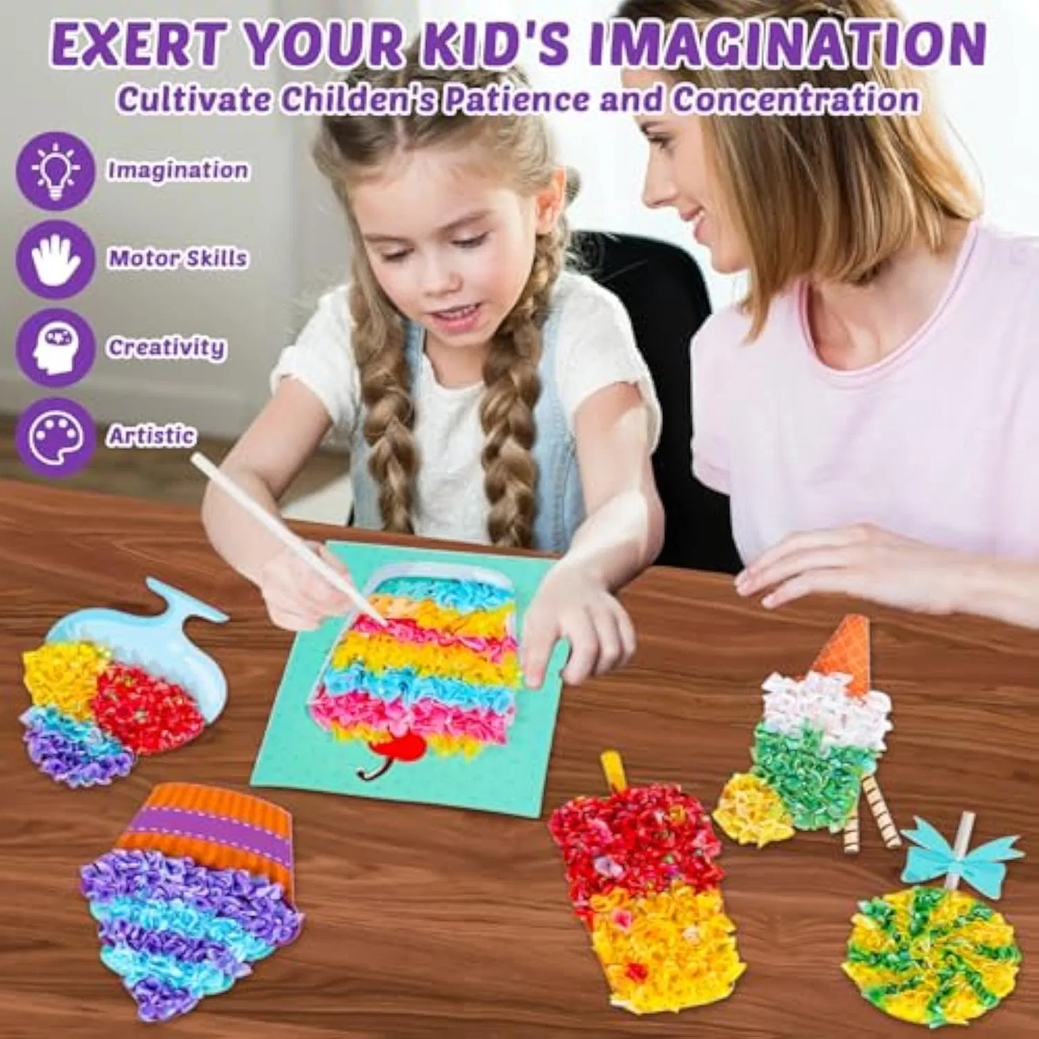 Poke-in Art Kit for Kid Dessert Cake Theme No-Mess Fabric Sewing Art