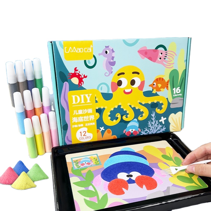 Sea Animals Painting Sand Art Pictures DIY Paper Crafts Kits 12 Colours Sand Painting for Kids Gift