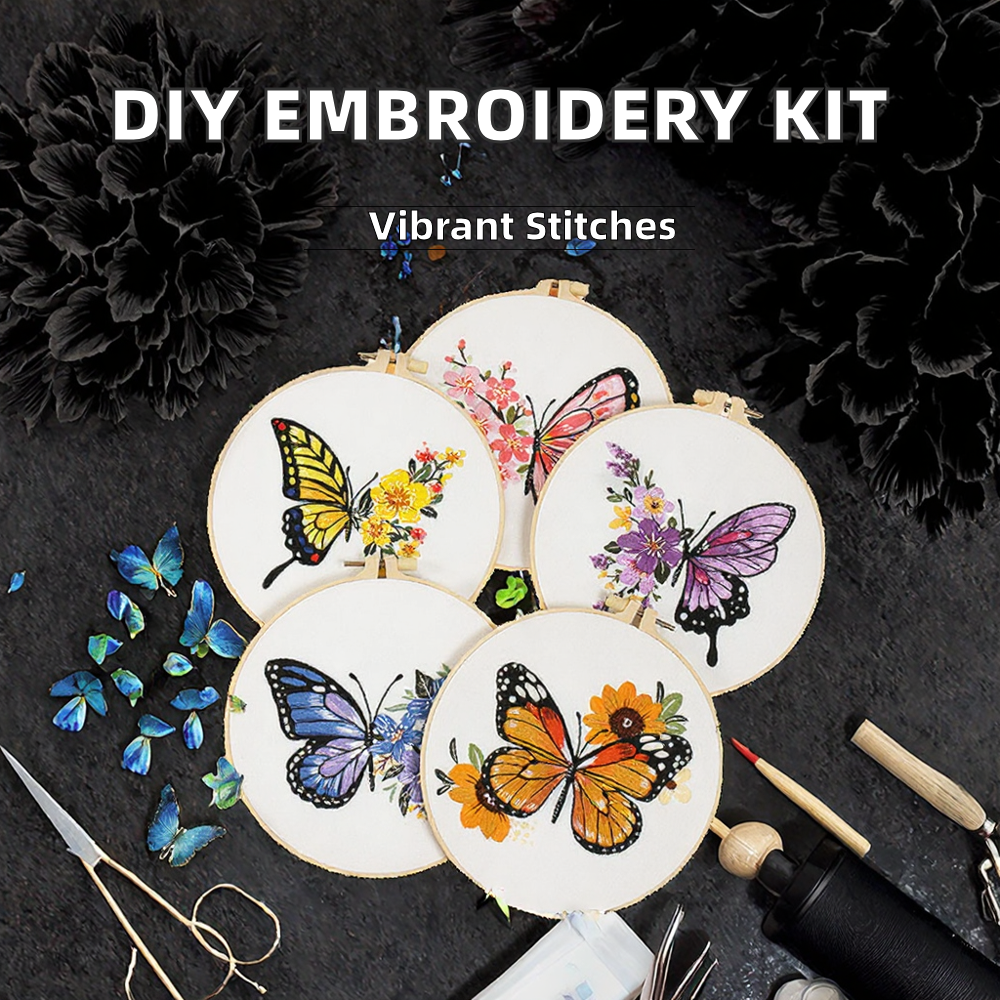 DIY Butterfly Flower Embroidery Kit for Adults Beginners-20x20cm Handmade Soft Cotton Stitch Practice Craft Set for Home Decor