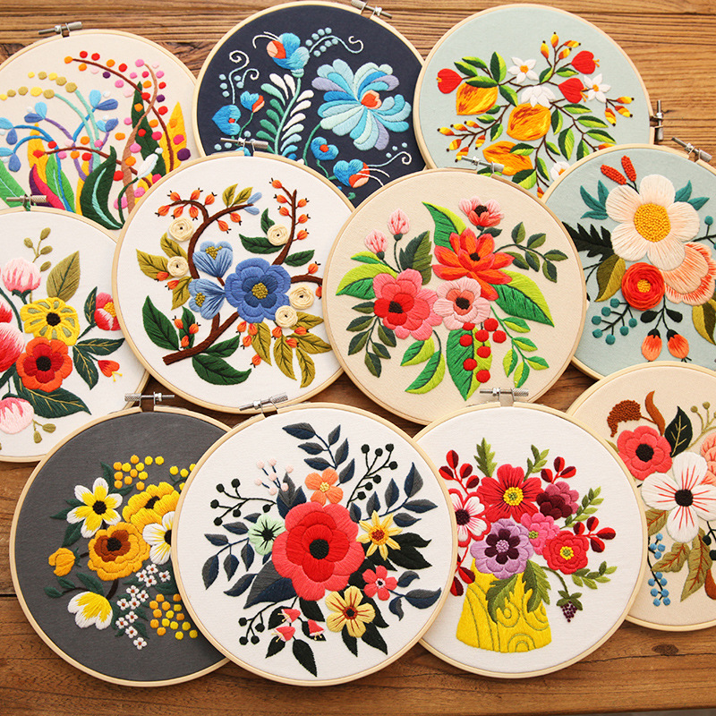Handmade Embroidery DIY Sewing Kit for Bags and Hanging Pictures with Flowers and Plants Theme