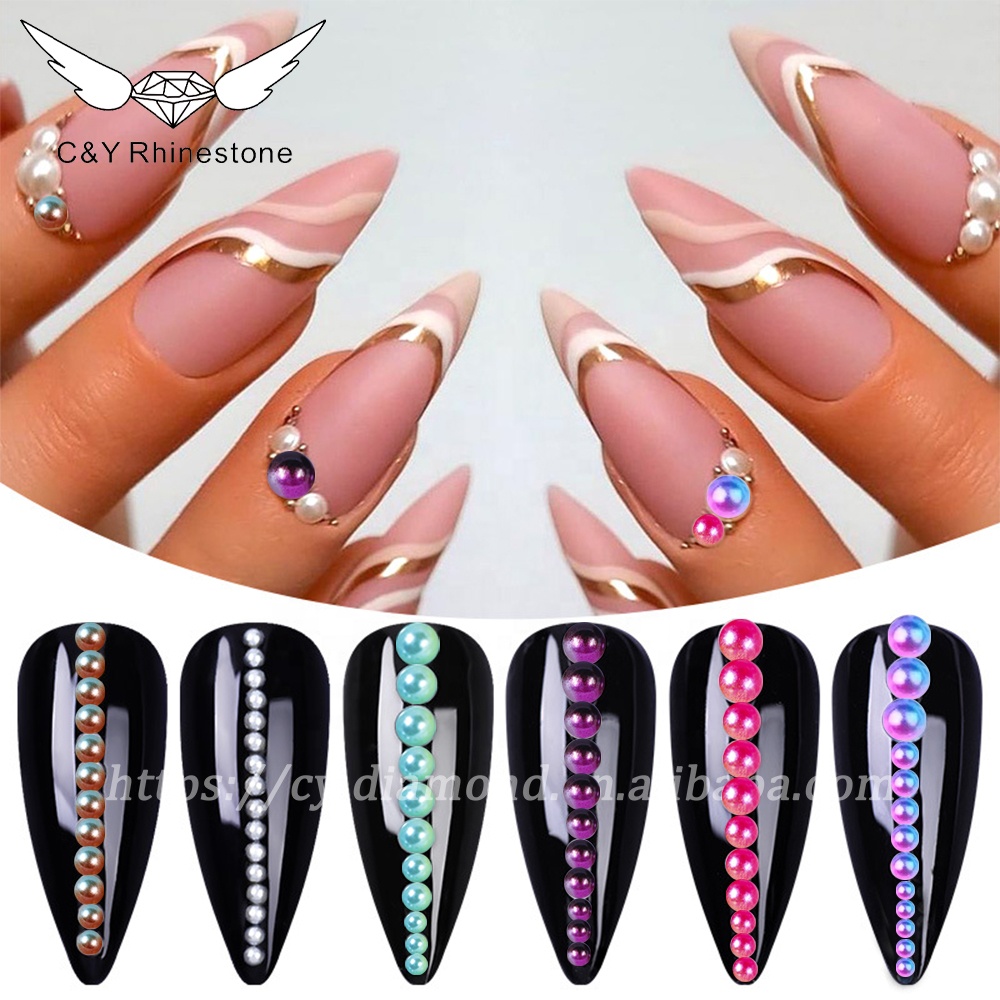 CY Loose Colors ABS Beads Kit DIY Box Nail Decoration Accessories Plain Flat Back Plastic Round Half Pearls