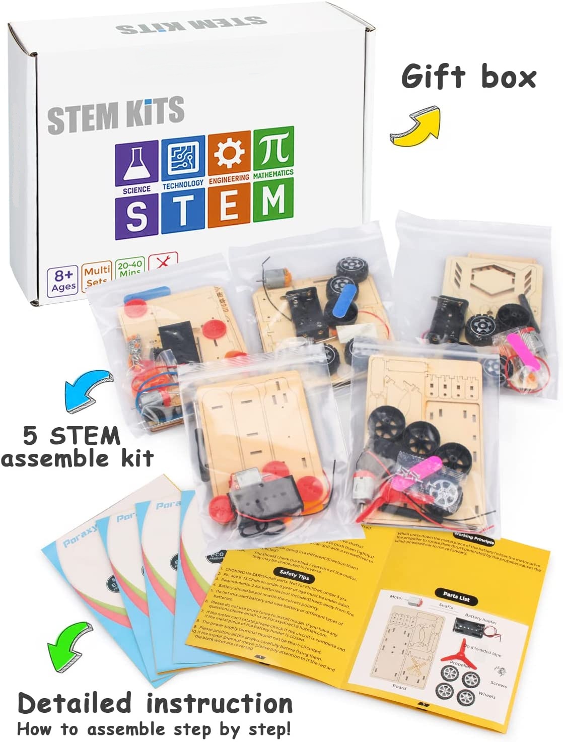 Kids 5 in 1 DIY Handmade STEM Toys Wooden Model Car Kit 3D Puzzle Science Experiments Educational Building Gift for Children