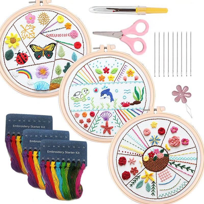 3 Pack Adults DIY Starter Art Craft Kit Basic Easy Punch Needle Embroidery Hoop Kits for Beginner