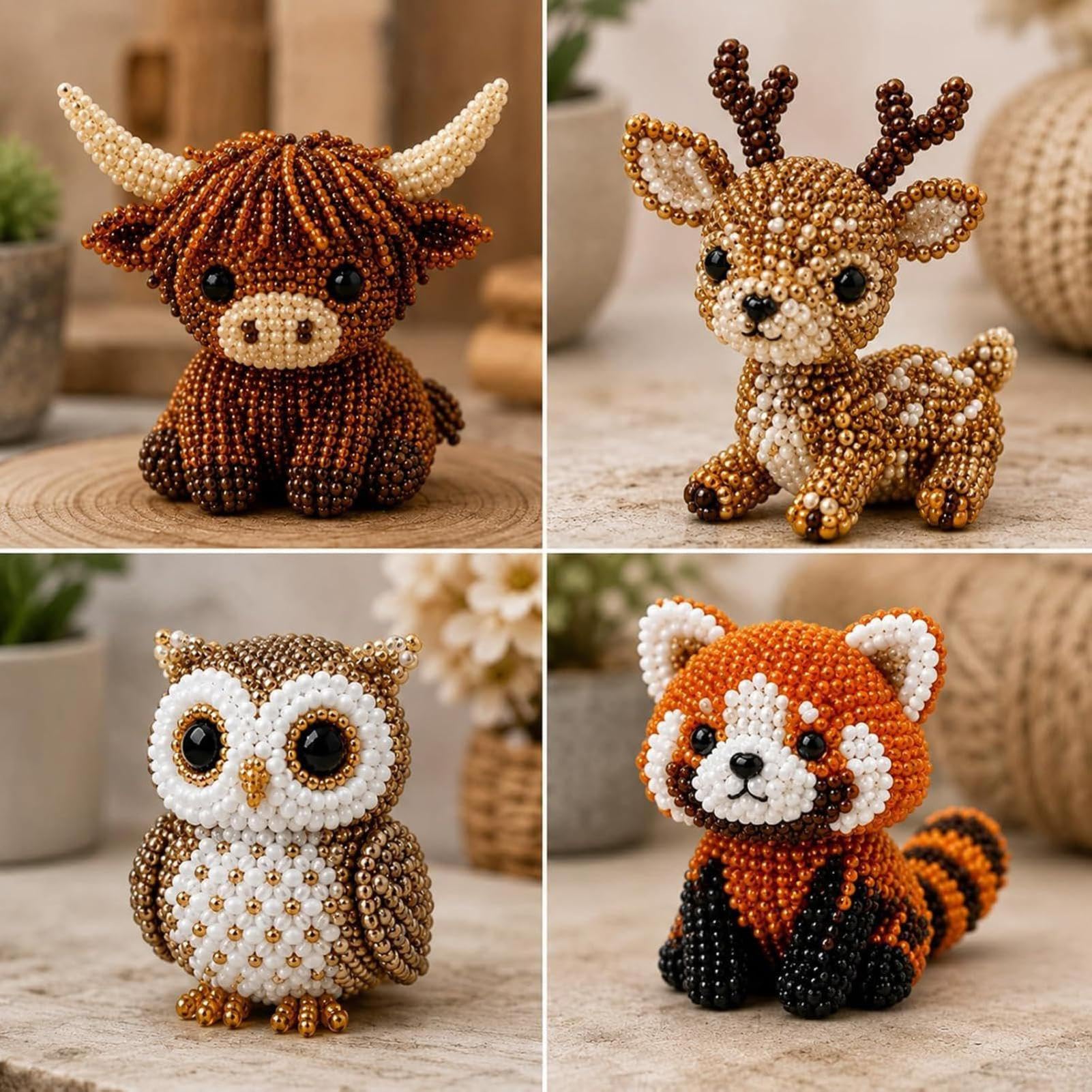Highland Cow DIY Animal Beading Kit 3D Beaded Animal Craft Set Owl Deer Red Panda Handmade Bead Art Toy for Kids Adults Gift
