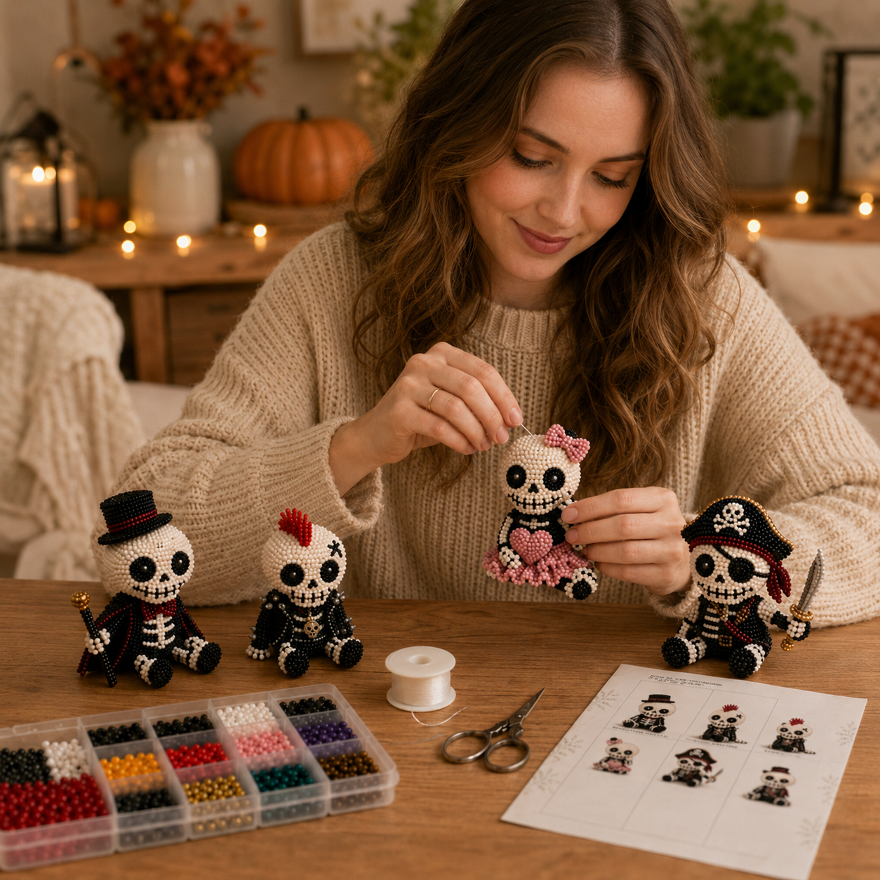 Halloween Bead Art DIY Kit 4-Piece Cute Character Craft Set for Holiday Decoration
