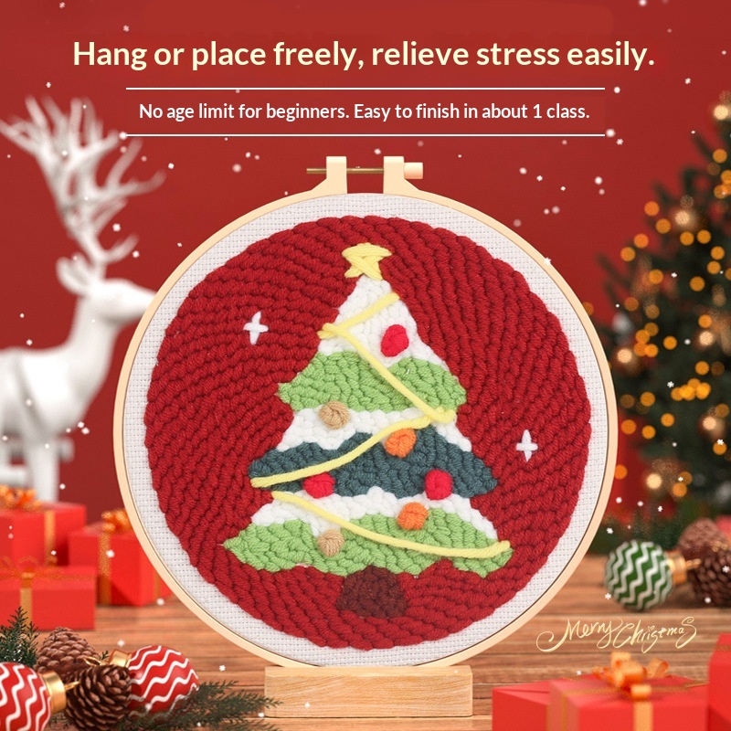 Original Christmas Series Russian Punch Needle Craft Kit for Beginners DIY Punch Needle Embroidery Set Cartoon Design Fabric