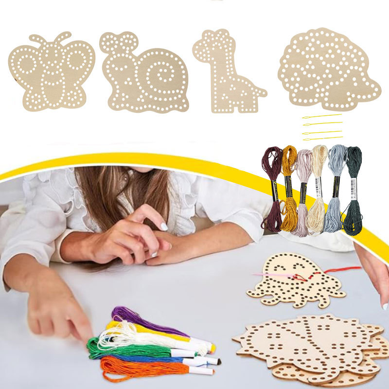 Wooden Kids Embroidery Sewing Kit DIY Cross Stitch Craft Kit for Children Educational Hand Sewing Toy Preschool Art Activity Set