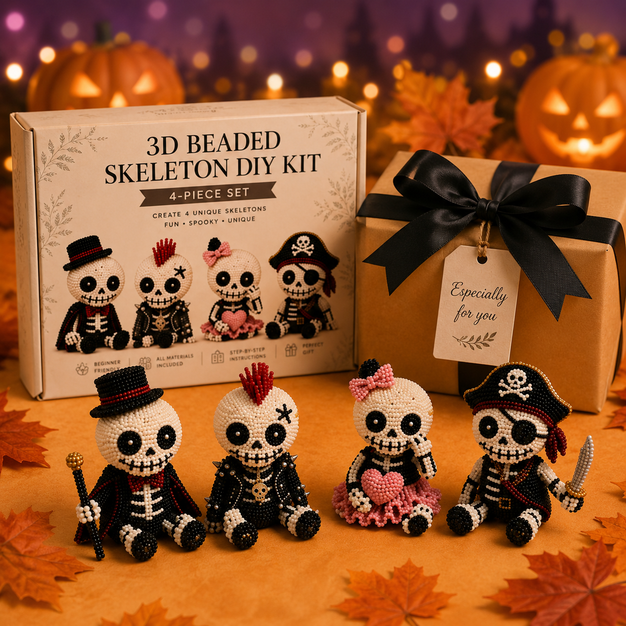 Halloween Bead Art DIY Kit 4-Piece Cute Character Craft Set for Holiday Decoration