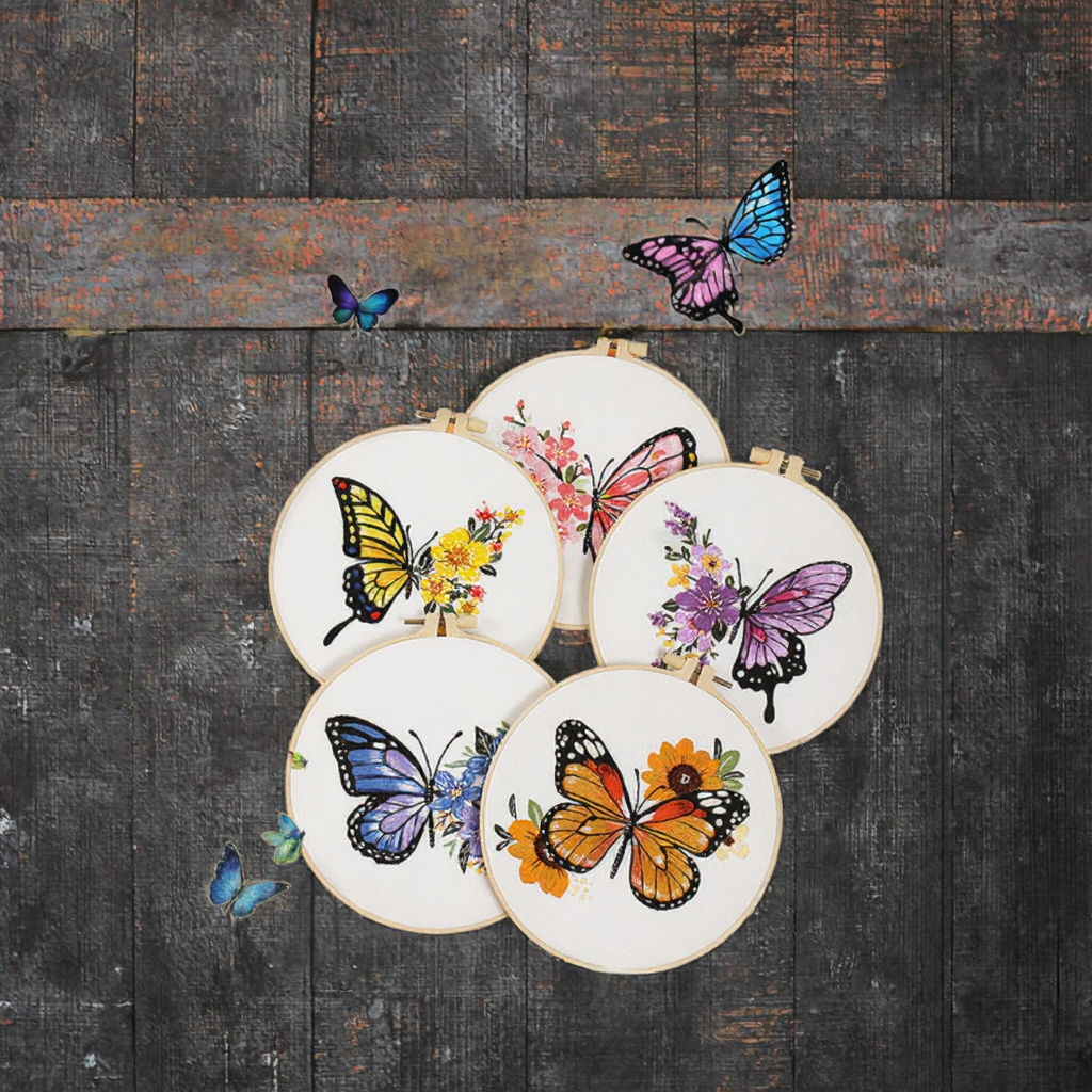 DIY Butterfly Flower Embroidery Kit for Adults Beginners-20x20cm Handmade Soft Cotton Stitch Practice Craft Set for Home Decor