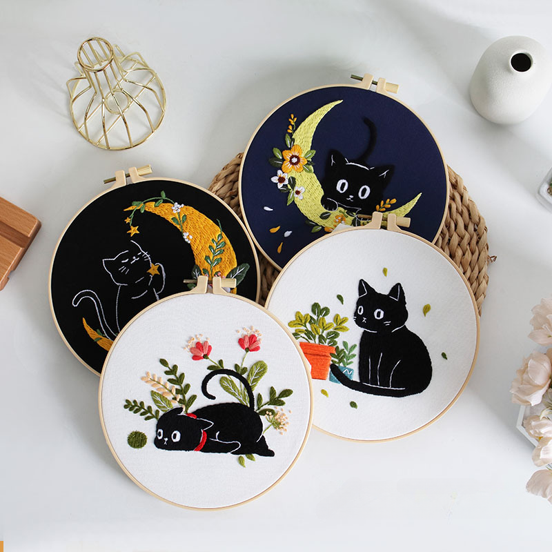 Cute Moonlit Black Cat Cotton DIY Embroidery Set Handmade Cross Stitch Kit for Beginners Home Decor Gift English Instruction