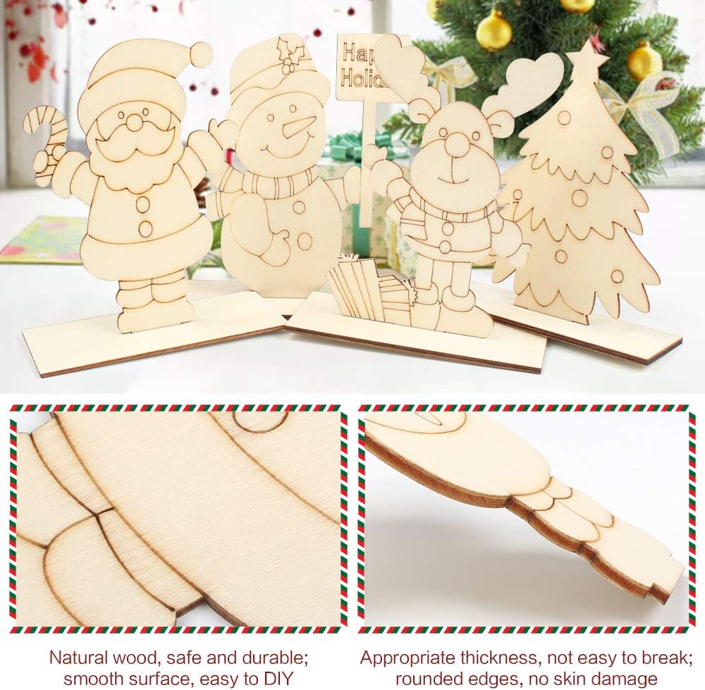 Christmas Wooden Craft Kit DIY Paint Your Own Santa Snowman Reindeer Tree Tabletop Decoration Set Smooth Laser Cut Surface for