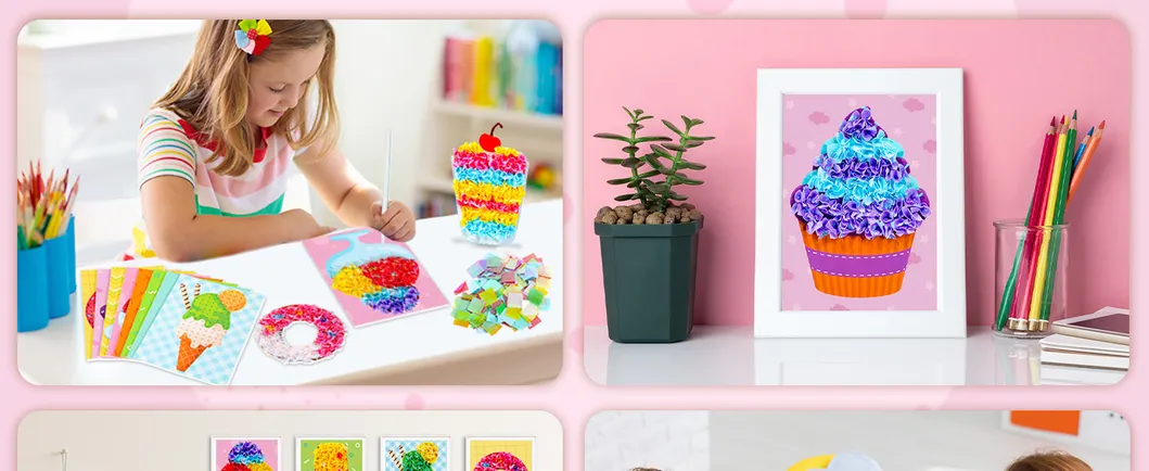 Poke-in Art Kit for Kid Dessert Cake Theme No-Mess Fabric Sewing Art