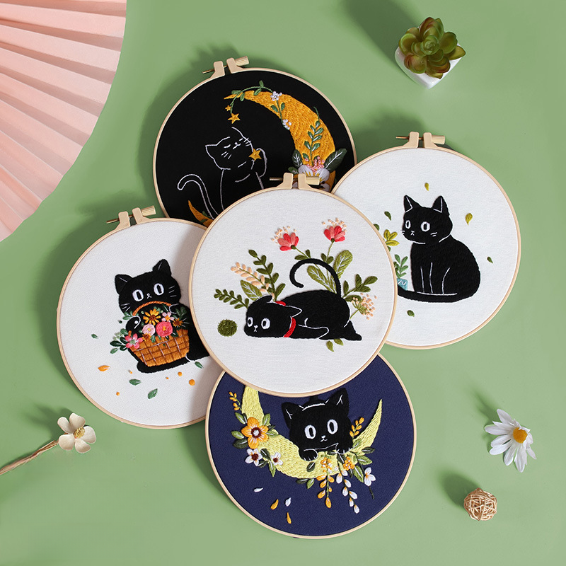 Cute Moonlit Black Cat Cotton DIY Embroidery Set Handmade Cross Stitch Kit for Beginners Home Decor Gift English Instruction
