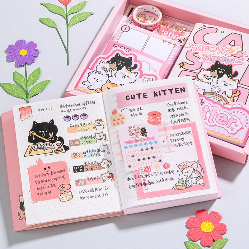 Cat Theme Cute Scrapbooking Kit A6 Grid Notebook Kawaii Stationery Set Journal Supplies Craft DIY Gift Girls New Year