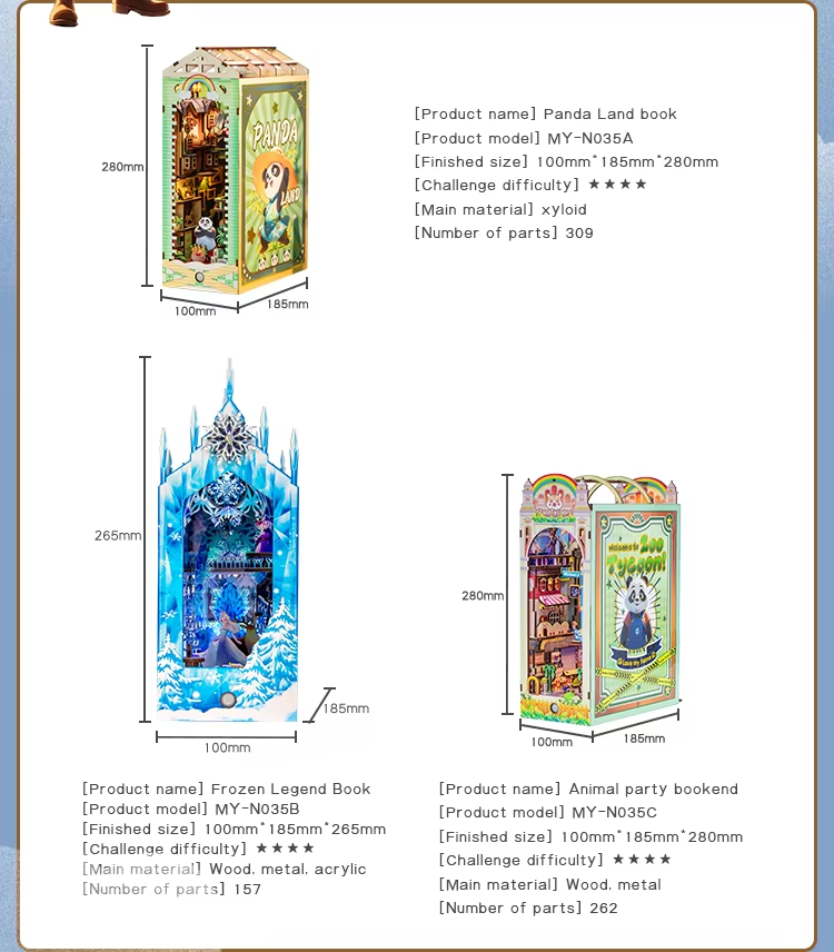 Colorful Printed Cartoon Animal DIY Miniature Kit 3D Wooden Book Nook Tools Included Parent Child Activity Bookshelf Puzzle