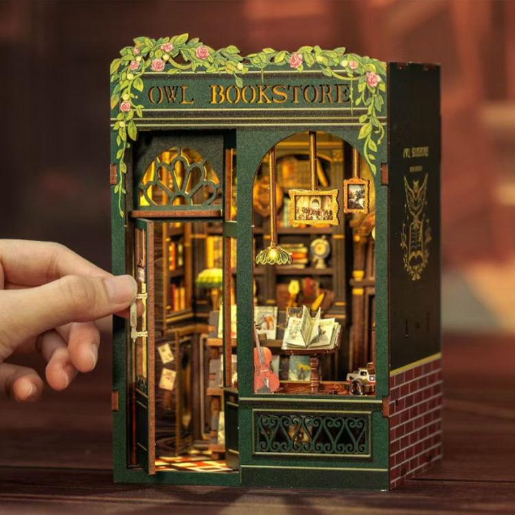 Library Book Nook Kit DIY 3D Wooden Puzzle Bookend LED Light Miniature Doll House Tabletop Graduation Wood Crafts