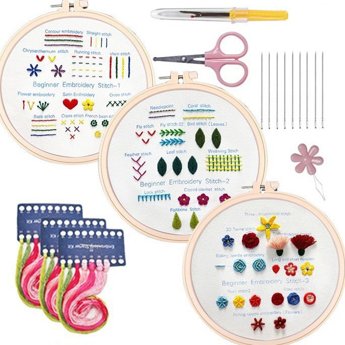 3 Pack Adults DIY Starter Art Craft Kit Basic Easy Punch Needle Embroidery Hoop Kits for Beginner
